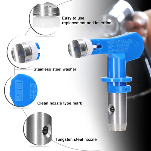 Close-up of a blue reversible airless sprayer tip with stainless steel and tungsten parts, labeled for easy use and cleaning.
