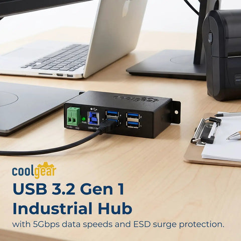 Heavy Duty Four Port USB 3.0 Hub Drives Serious 5Gbps Speeds, Clad In A Rugged Metal Casing With 15KV ESD Shielding, Accepts 7 To 48V DC Input.