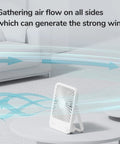Rechargeable Desk Fan With 4500mAh Battery And 180 Degree Foldable Design on table, airflow arrows showing cooling effect