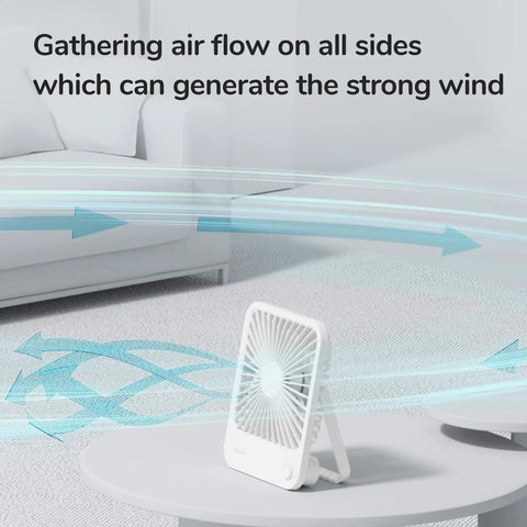 Rechargeable Desk Fan With 4500mAh Battery And 180 Degree Foldable Design on table, airflow arrows showing cooling effect
