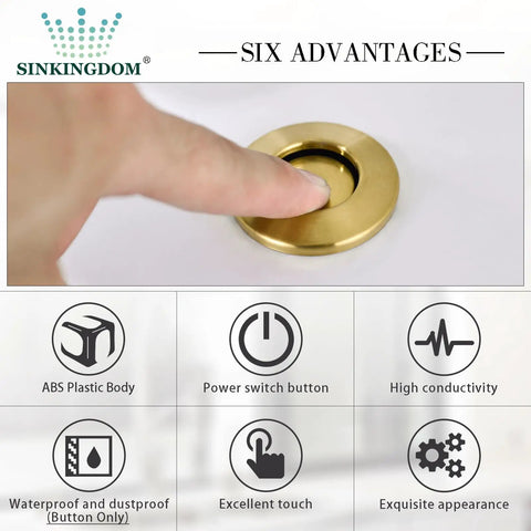 Garbage Disposal Air Switch Kit With Long Button Champagne Bronze Brass Cover For Easy Activation Fits Any Food Waste Disposer Or Dishwasher No Fuss Easy Install shown with finger pressing the switch.