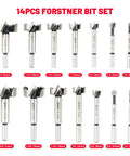 Pro Level 14 Piece Forstner Drill Bit Set Featuring Hella Sharp Carbide Tips And Rock Solid Alloy Steel Build with 14 bits of varied sizes.