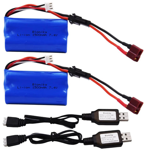 Two Pack 7.4V 1500mAh Li-ion RC Battery With SM-2P Plug, T Adapter And USB Cable for H101 H103 H105 RC Boats and Trucks
