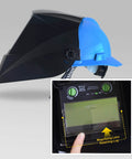 Auto Darkening Welding Helmet With True Color And Wide Shade Range 5 To 13 Solar Powered side view and lens detail