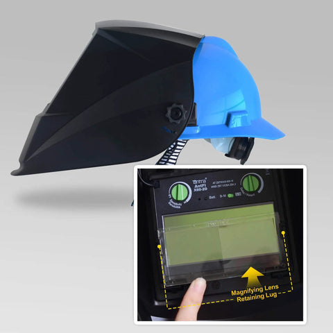 Auto Darkening Welding Helmet With True Color And Wide Shade Range 5 To 13 Solar Powered side view and lens detail