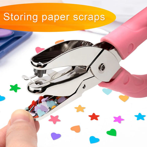 4 Pack Handheld Hole Punch Set With Heart, Star, Large Circle And Medium Circle Shapes, Rubber Grip, shown with punched shapes in tray