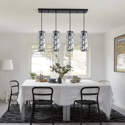 Four Light Black Crystal Pendant Lights With Adjustable Dope Modern Mini Island Chandeliers for dining room over table.