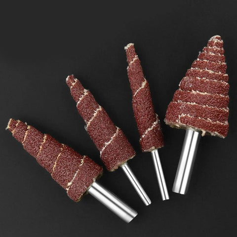 Premium 5 Pcs Cone Shaped Sanding Flap Wheels With 3mm And 6mm Shank for grinding metal and wood surfaces.