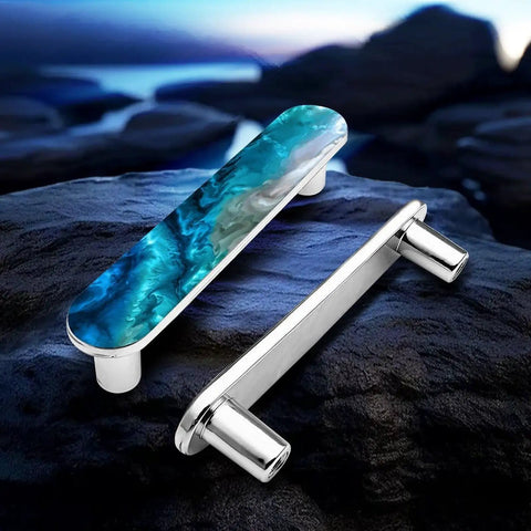 4 Pack Aqua Aquamarine Blue Water Cabinet Pulls, 3.75 Inch Hole Center, Silver Kitchen Cabinet Hardware on rock background