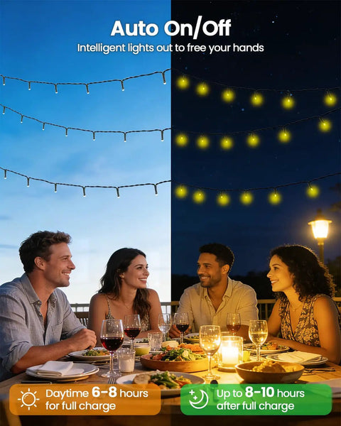 Two Pack 240 LED Solar String Lights Outdoor Waterproof With 8 Modes And Memory Auto On Off for nighttime patio use