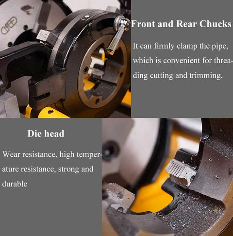 Close-up of the heavy duty electric pipe threading machine's front chuck and die head, showcasing durability and precision.
