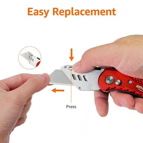 Side view of Amazon Basics red aluminum folding utility knife; blade extended, back-lock visible.