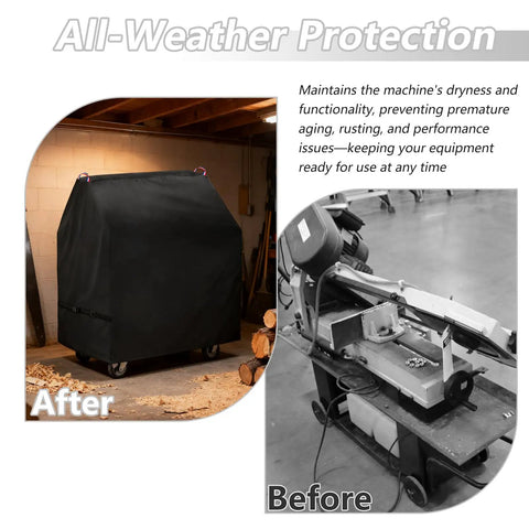 Heavy Duty 600D Bandsaw Cover For Deluxe Horizontal And Vertical Tabletop Saws All Weather Dustproof Protection shows before and after installation covering a saw to protect against weather conditions.