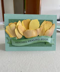 Yellow flower card with 'Sending Healing Hugs' banner, using Dope Flower Die Cut Set For Card Making And Scrapbooking Metal Cutting Dies.