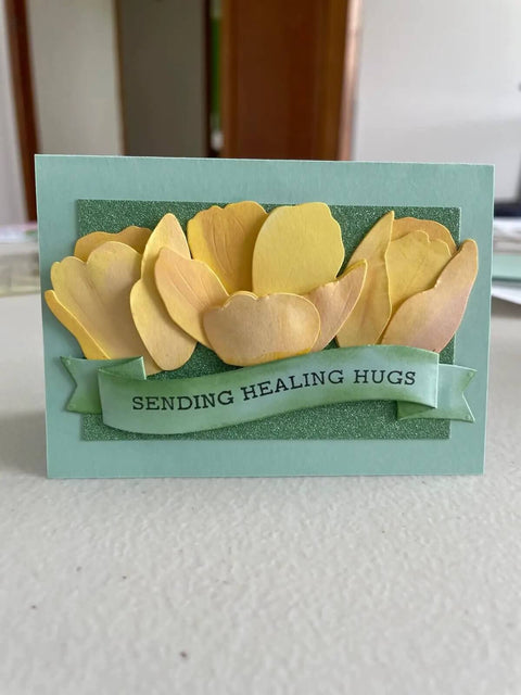Yellow flower card with 'Sending Healing Hugs' banner, using Dope Flower Die Cut Set For Card Making And Scrapbooking Metal Cutting Dies.
