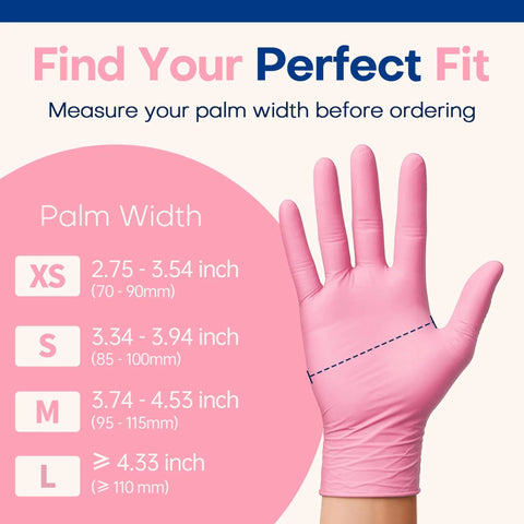 Hand wearing Professional Nitrile Exam Gloves Medical Grade 3.5 Mil Powder Free Food Safe Disposable Gloves Rose Quartz, size chart displayed.