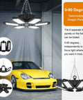 Two Pack 160W 16000LM Daylight LED Garage Light with Plug, linkable, showing adjustable panels above a yellow car.