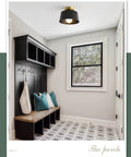 Modern Hallway Ceiling Light Fixture With Gold Plate And Matte Black Shade in a stylish entryway with black cubbies.