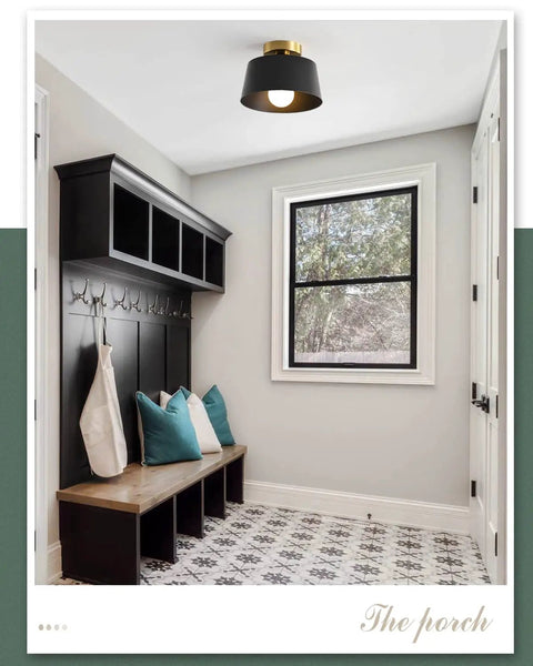 Modern Hallway Ceiling Light Fixture With Gold Plate And Matte Black Shade in a stylish entryway with black cubbies.