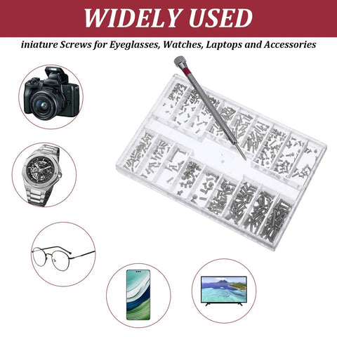 500Pcs Eyeglass Repair Kit With Tiny Micro Screws And Phillips Screwdriver organized in compartments for glasses and electronics