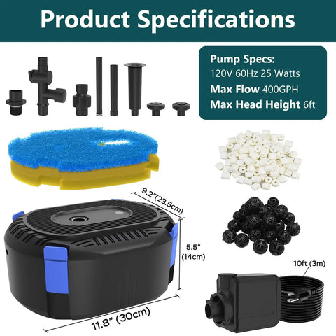 Plug And Play Pond Filter With Pump Fountain Kit 400 GPH Three Spray Patterns Bell Volcano Daisy Water Feature components