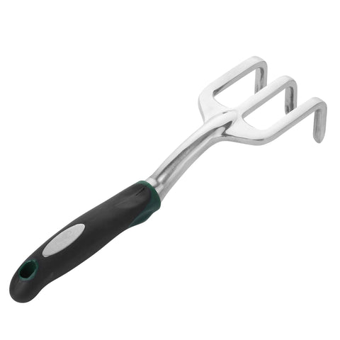 Mr. Pen Black Mini Hand Rake, metal 3-prong garden cultivator with black handle for weeding (side view)