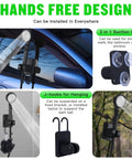 Hands-free use of On The Go Camping Shower With 10000mAh Battery on car window and wall using suction cups and hooks.