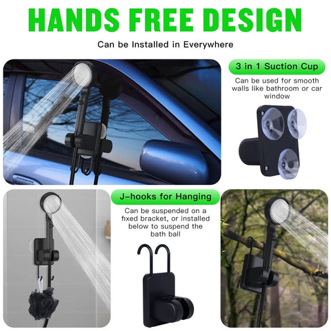 Hands-free use of On The Go Camping Shower With 10000mAh Battery on car window and wall using suction cups and hooks.