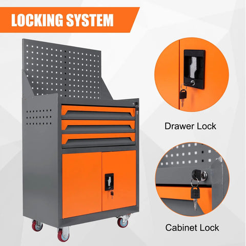 Rolling Tool Box Organizer With Wheels For Auto Repair Cart Featuring Drawers, Soft Liners, And Locking System, cabinet and drawer locks visible