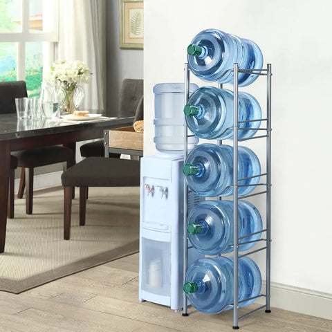 5 Tier Water Jug Rack for 5 Gallon Bottles With Detachable Shelves, Space Saving Water Bottle Holder Organizer for Kitchen, Silver Finish