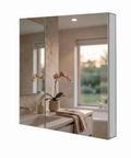 Heavy Duty Anodized Aluminum Bathroom Medicine Cabinet Featuring Adjustable Tempered Glass Shelves And Mirrored Interior, side view in modern bathroom.