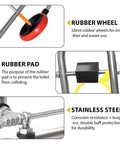 Close-up of Portable Toilet Installation Lift Jack And Foldable Dolly featuring rubber wheels, rubber pad, stainless steel material.
