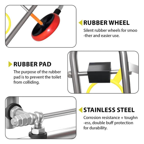 Close-up of Portable Toilet Installation Lift Jack And Foldable Dolly featuring rubber wheels, rubber pad, stainless steel material.
