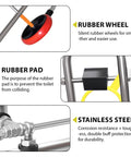 Heavy Duty Portable Toilet Dolly Lift And Installation Jack For Easy Moving Positioning and Alignment During Replacement Repairs Ergonomic Foldable Design features rubber wheels, rubber pad, and stainless steel.