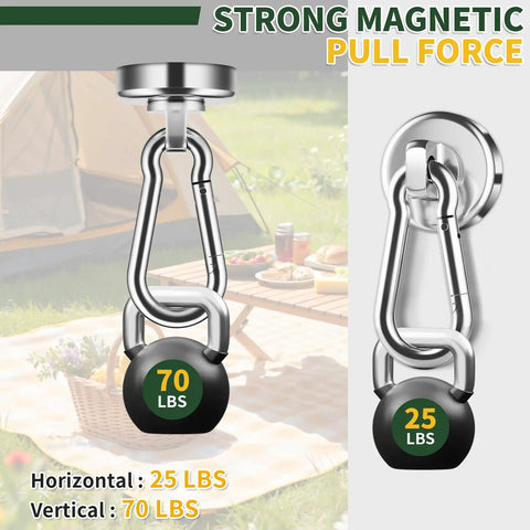 Built Tough 12 Pack Heavy Duty Magnetic Hooks With Swivel Carabiner 70 Pound Nailed Grip, showing 70 lbs pull force.
