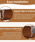 Rock Solid 24 Pack Clear Valance Clips For 2.5 Inch Blinds And Window Shades installed on wood valance rail for easy setup.