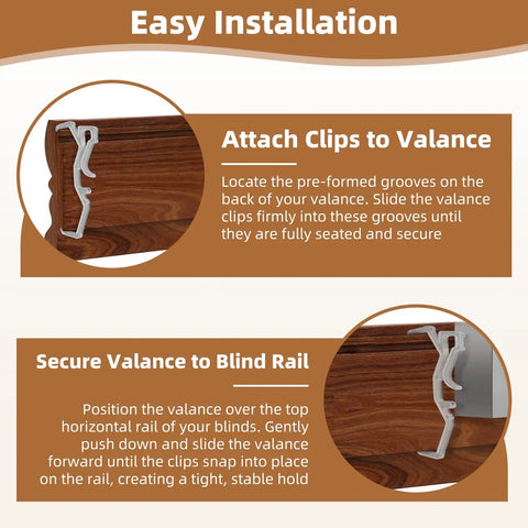 Rock Solid 24 Pack Clear Valance Clips For 2.5 Inch Blinds And Window Shades installed on wood valance rail for easy setup.