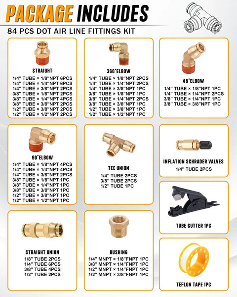 Kickstart Your Garage Projects With This Awesome 84 Pc Dot Brass Air Line Fittings Kit Featuring Push Connect And NPT Tees Unions Elbows For Quick Reliable Pneumatic Repairs; 84 pcs brass fittings kit