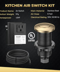 Wireless Sink Top Button For Garbage Disposals, Champagne Bronze Finish, UL Listed, shown with black cord and outlet.