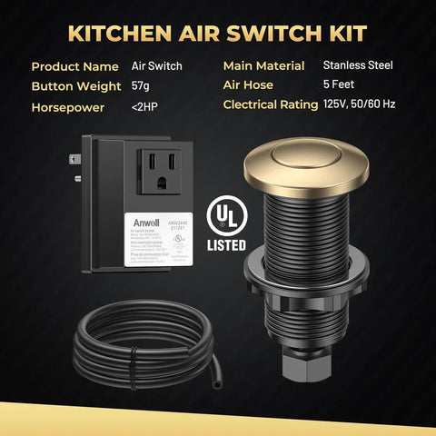 Wireless Sink Top Button For Garbage Disposals, Champagne Bronze Finish, UL Listed, shown with black cord and outlet.