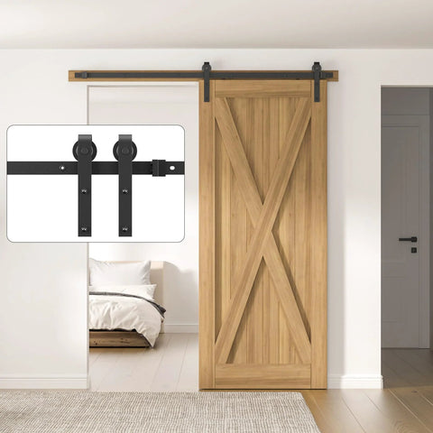 Six Point Six Feet Long Sliding Barn Door Hardware Kit For Single Door Sturdy Durable Carbon Steel With Black Coating To Prevent Rust Heavy Duty Easy To Install Fits Thirty Six To Forty Inch Wide Doors J Shape Hanger Included installed in bedroom