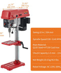 10 Inch Benchtop Drill Press With 5 Amp Variable Speed Motor And Led Light showcasing robust design and adjustable settings for precise drilling.