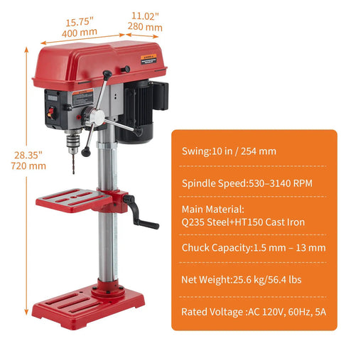 10 Inch Benchtop Drill Press With 5 Amp Variable Speed Motor And Led Light showcasing robust design and adjustable settings for precise drilling.