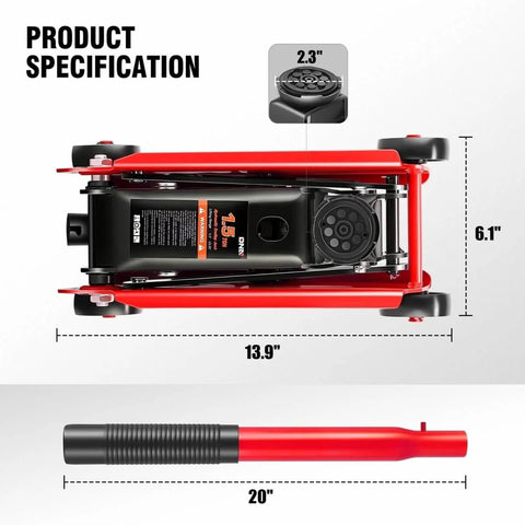 Top view of Low Profile Hydraulic Trolley Floor Jack 1.5 Ton Capacity 3000 Lbs Lift Range 5.5 To 15.35 Inches Red Car Service Workhorse Tool