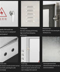 Features of Stainless Steel Weatherproof Wall Mounted Electrical Enclosure Box, including lock, cooling grille, and galvanized sheet