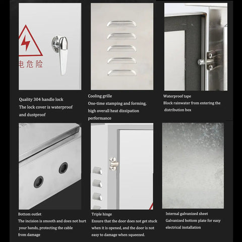 Features of Stainless Steel Weatherproof Wall Mounted Electrical Enclosure Box, including lock, cooling grille, and galvanized sheet
