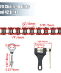 Red 420 Chain Kit For Mini Bikes With 42 Links And 90 Links Replacement Fits Predator 212cc shown with link dimensions