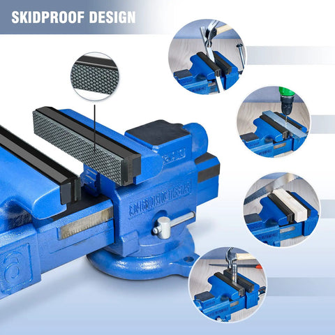 Magnetic 4 Inch Vise Jaws Set With Soft Rubber Pads in use, blue vise, skidproof design, protects wood, metal, plastic tubing