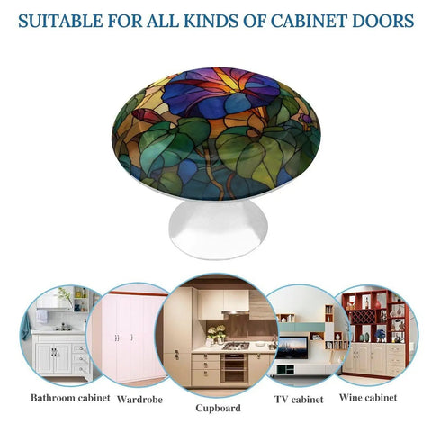 Morning Glory Flower Stained Glass Round Cabinet Knobs with screws, 2 pack crystal glass drawer pulls displayed with cabinet examples