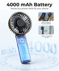 Rechargeable Portable Handheld Fan With 4000mAh Battery, showing power bank feature and USB charging options